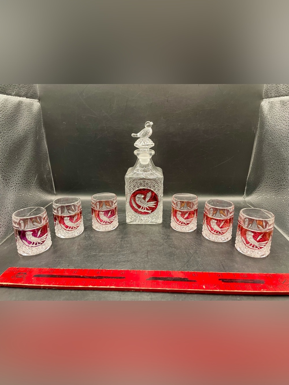 Hofbauer Ruby Flash German Crystal Decanter W/Bird Stopper & 6 Shot Glasses EUC